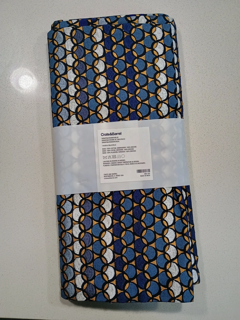Crate & Barrel 14x90 Table Runner - Blue, Gold & White Geometric